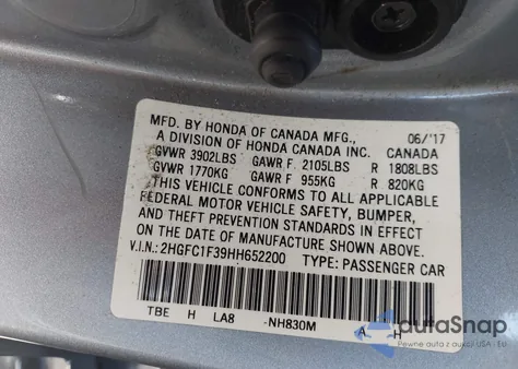 2017 Honda Civic Ex-T from USA, damaged, VIN 2HGFC1F39HH652200